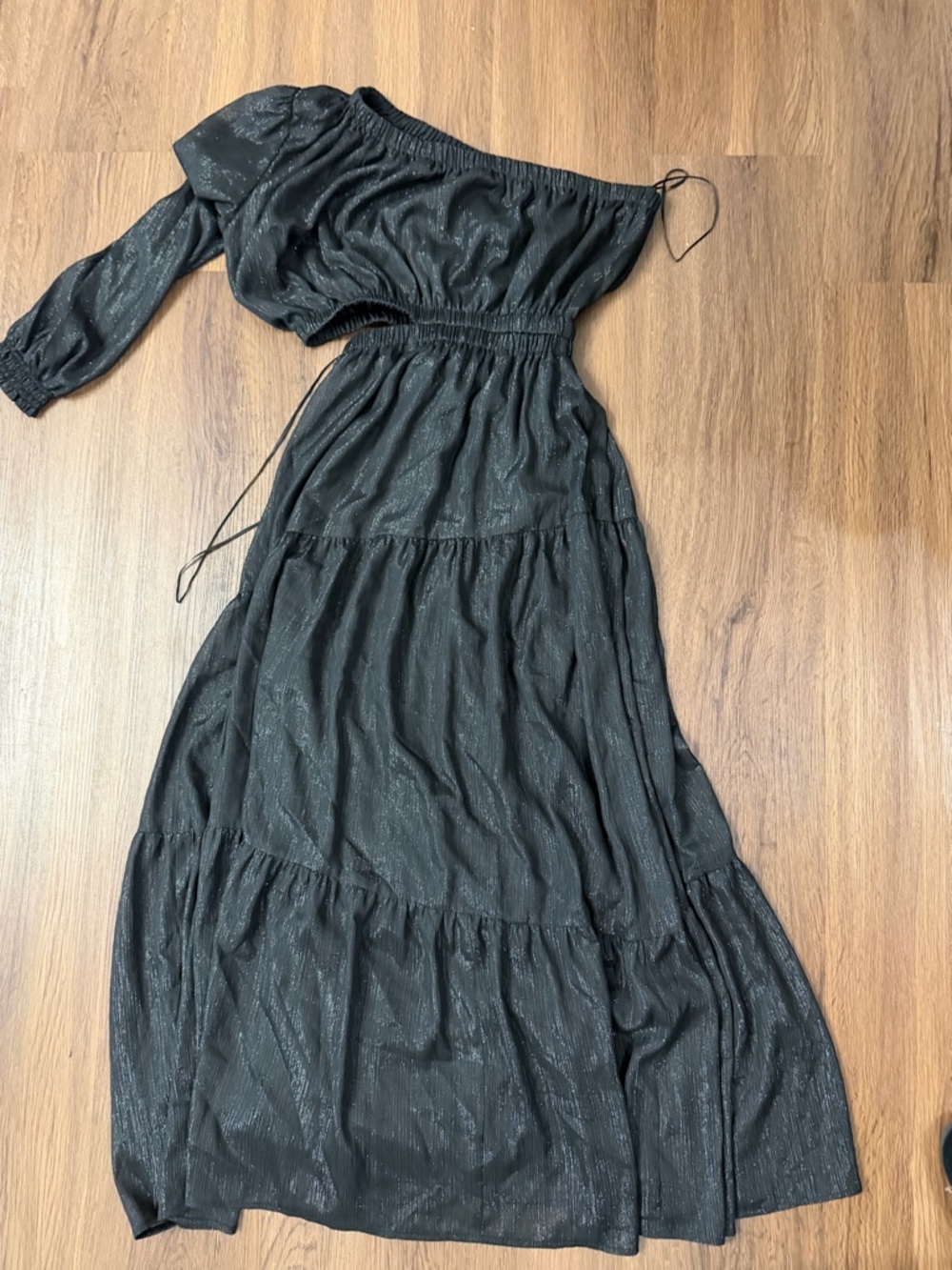 Moon River One-Shoulder Black Metallic Tiered Maxi